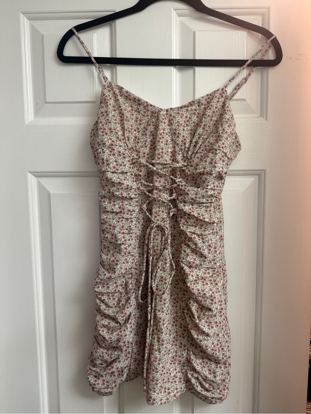 Blush Pink Floral Ruched Tie-Front Mini Dress
